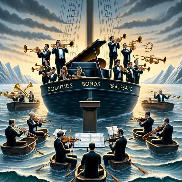 Equities bonds and real estates as a symphony orchestra in a ship