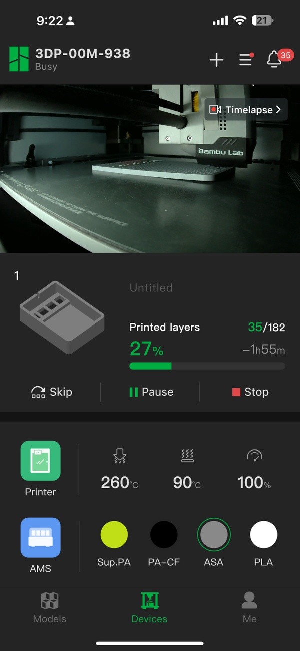 View of Bambu Lab's Handy app showing the original prototype printing