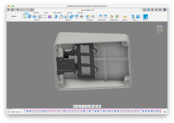 Bottom view of macropad in Fusion 360 showing switch plate and PCB holder