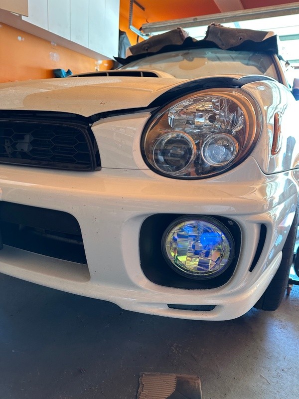 test fitment of JDM Subaru STi headlights and JDM Subaru multicolor fog lights