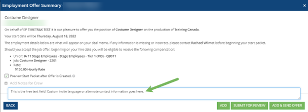 Employment Offer Summary, Add Notes for Crew