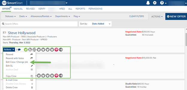 Actions, Edit Crew or Change Job