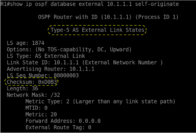 what checksum value the ASBRs set for the Type 5 LSA routes 10.1.1.1 and 10.10.10.15