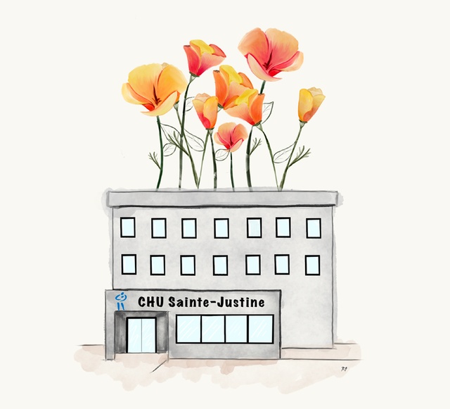 Œuvre du CHU Sainte-Justine avec tulipes émergeant de l’immeuble