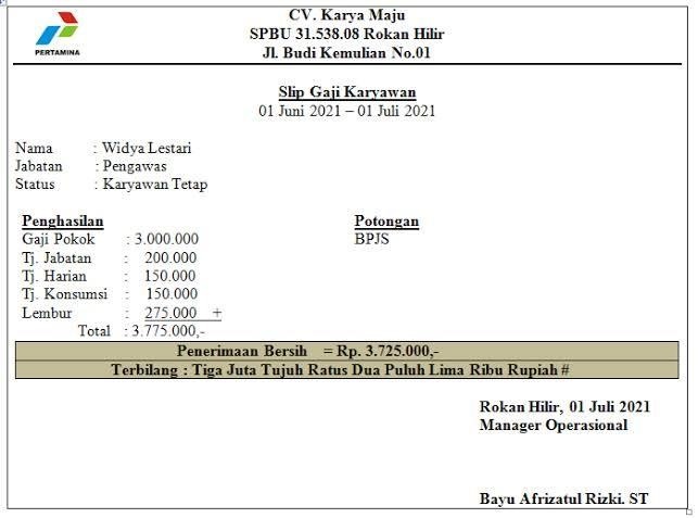 Contoh slip gaji karyawan di Pertamina.