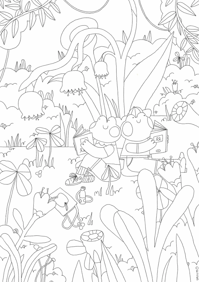 Coloriage « lecture au coin des fleurs »