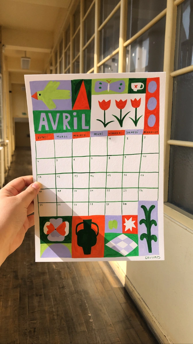 Calendrier d'avril à la gouache