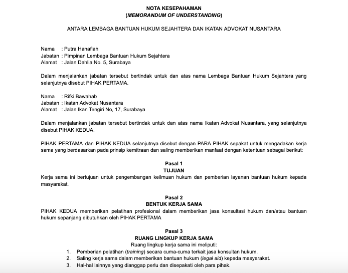 Contoh MoU kerja sama antar lembaga.