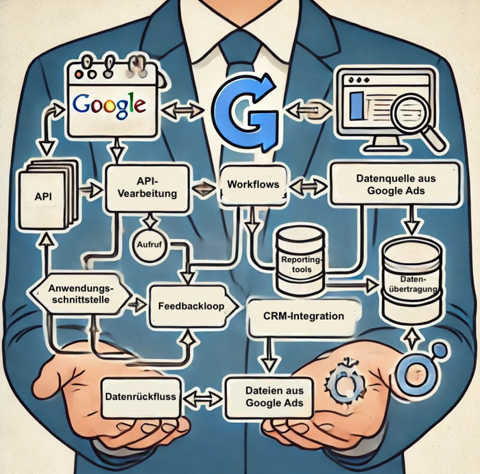 Diagramm zur Funktionsweise der Google Ads API, das zeigt, wie Kampagnendaten automatisiert verwaltet und analysiert werden können.