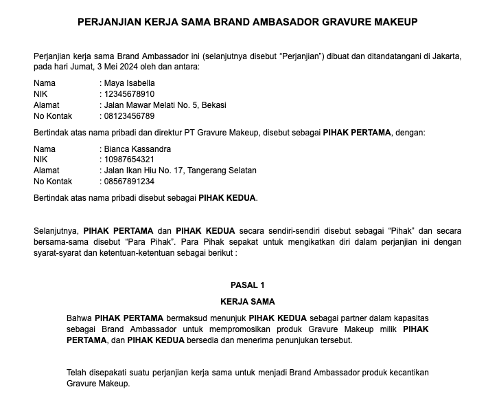 Contoh Kontrak Brand Ambassador.