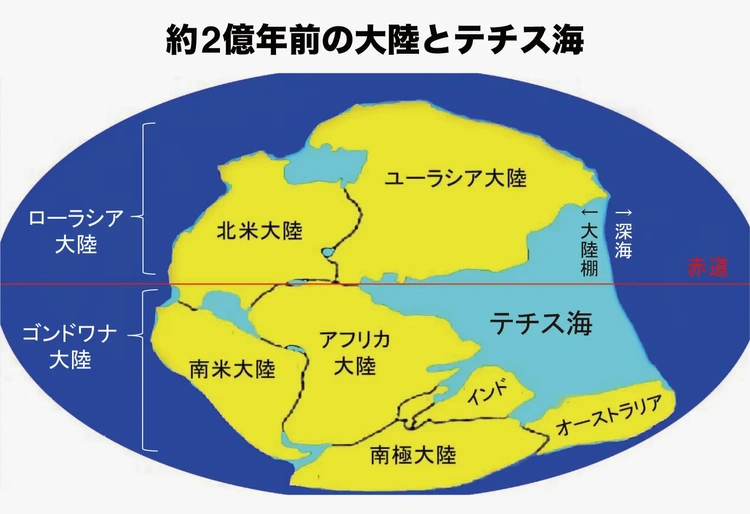 図1：約2億年前の大陸とテチス海 ⁠（筆者作成）