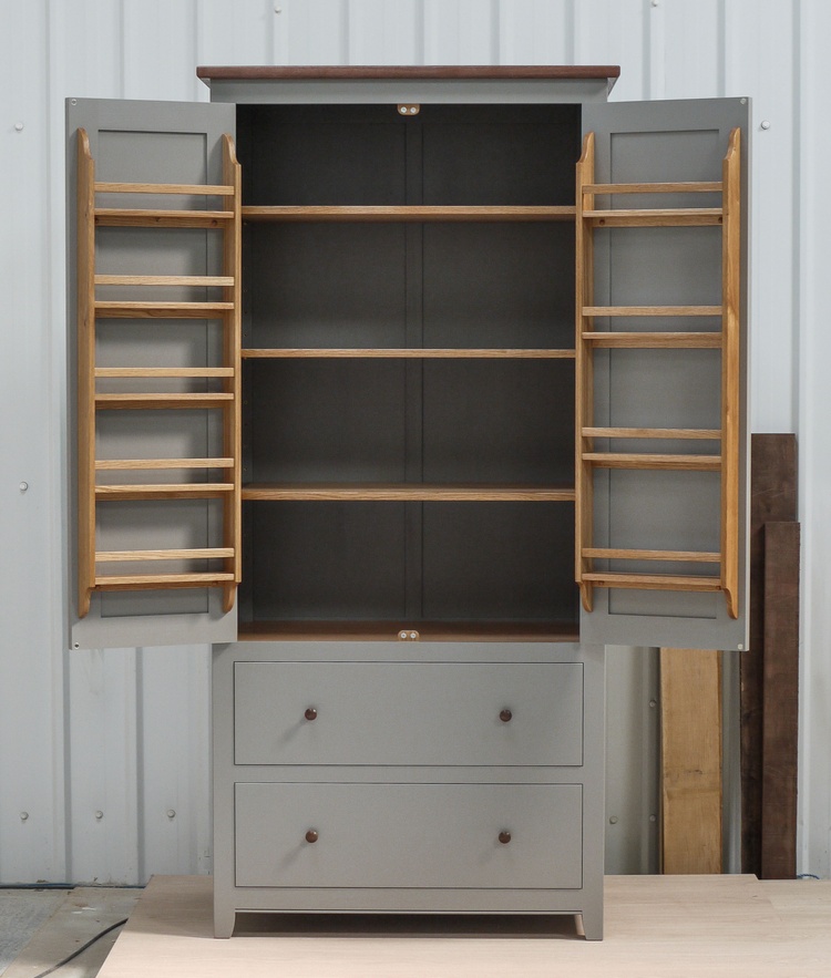 freestanding larder cupboard, oak spice racks, oak dovetailed draws, shaker style