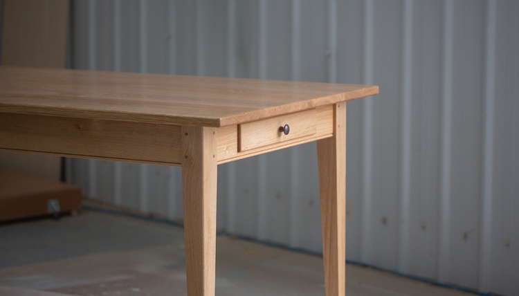 oak kitchen / dining table, shaker style, tapered legs, dovetailed end-rail draw, doweled mortise and tenon joinery