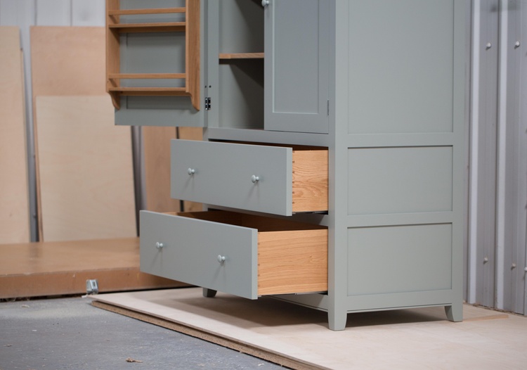 freestanding larder cupboard, shaker style, dovetailed draws, oak spiceracks