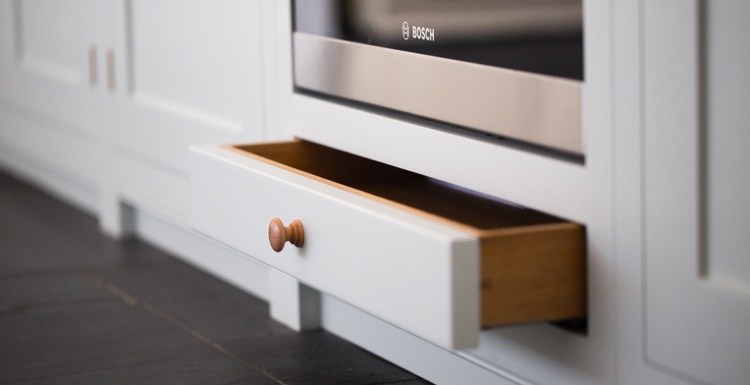 Shaker style kitchen, hand-painted, full-stave Oak worktops, dovetailed draws running on full extension runners