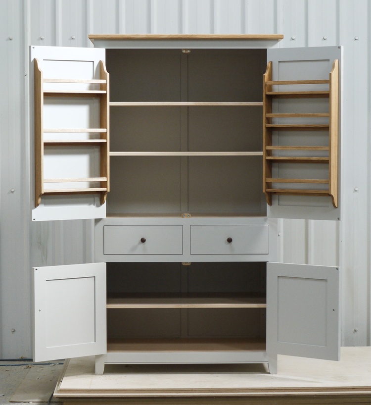 freestanding larder cupboard, oak spice racks, oak dovetailed draws