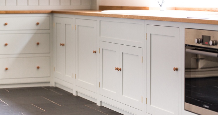 Shaker style kitchen, hand-painted, full-stave Oak worktops, dovetailed draws running on full extension runners