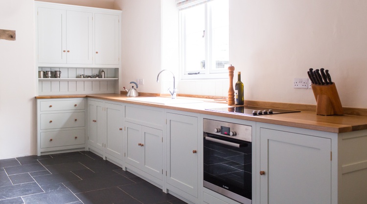 Shaker style kitchen, hand-painted, full-stave Oak worktops, dovetailed draws running on full extension runners