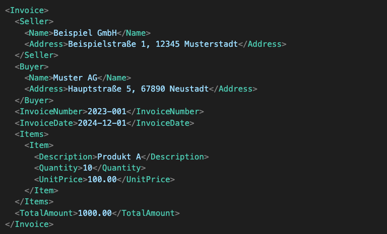 Screenshots einer anonymisierten E-Rechnung im XML-Format