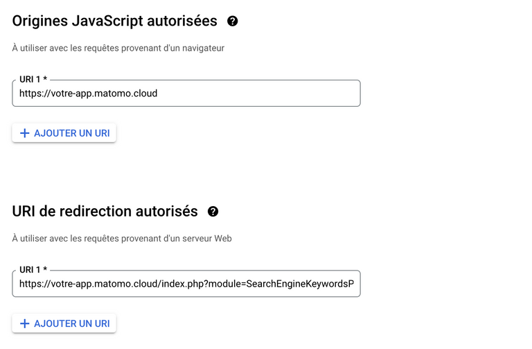 Origines JavaScript autorisées et URI pour l'application Matomo