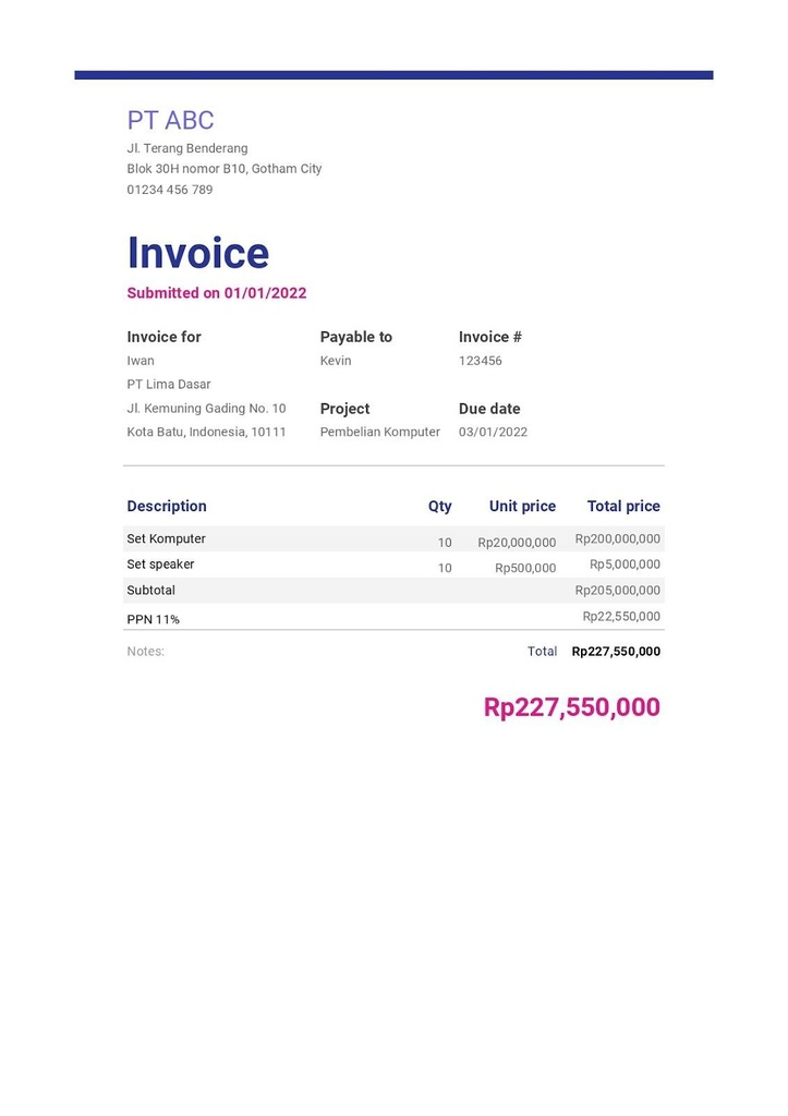 Contoh invoice pembayaran.