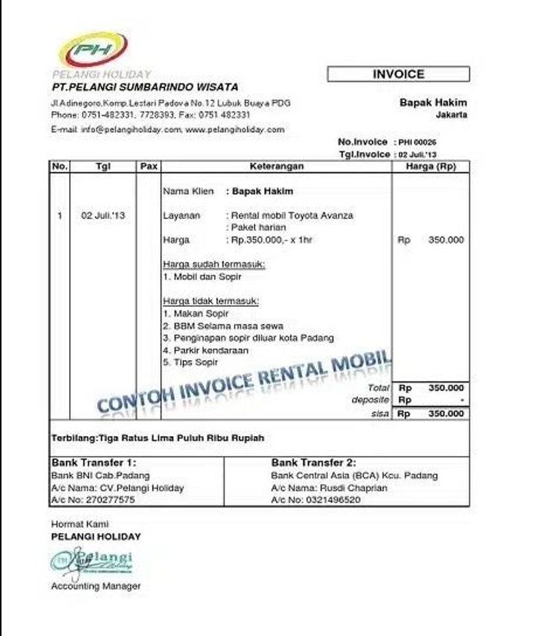 Contoh invoice rental mobil.