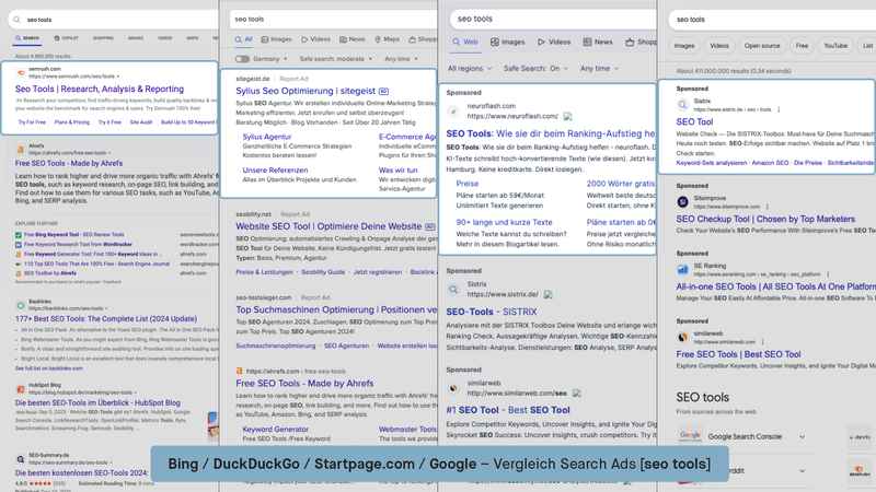 Vergleich Search Ads Bing-DuckDuckGo-Startpage-Google 