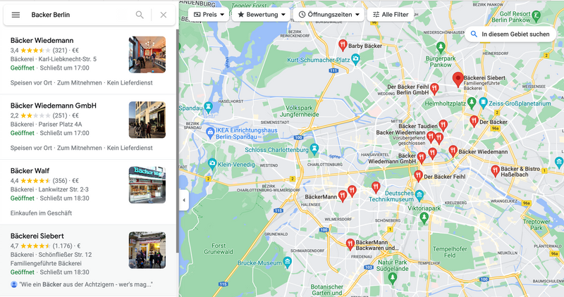 Google Maps Ergebnisse für "Bäcker" in Hamburg