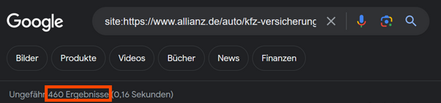 Screenshot der Siteabfrage für das Verzeichnis /kfz-versicherung der Allianz