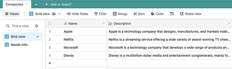 Screen grab of table