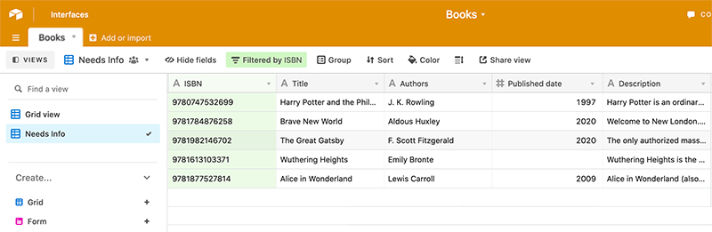 Google Books Data imported into Airtable