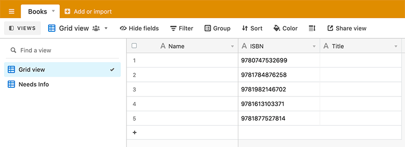 Table Setup to Import Books Data Into 