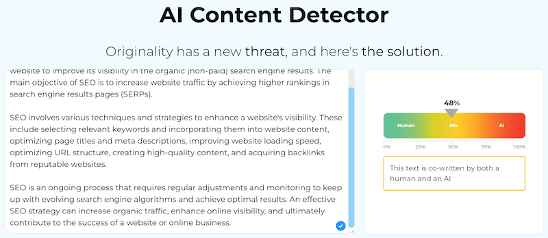 Der AI Content Detector zeigt, dass ein englischer Text 48% teils menschlich, teils mit KI erstellt wurde.