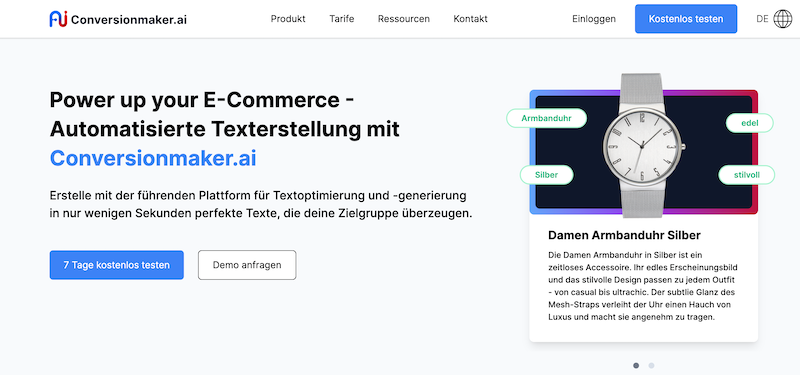 Screenshot der conversionmaker.ai als KI für Onlineshop