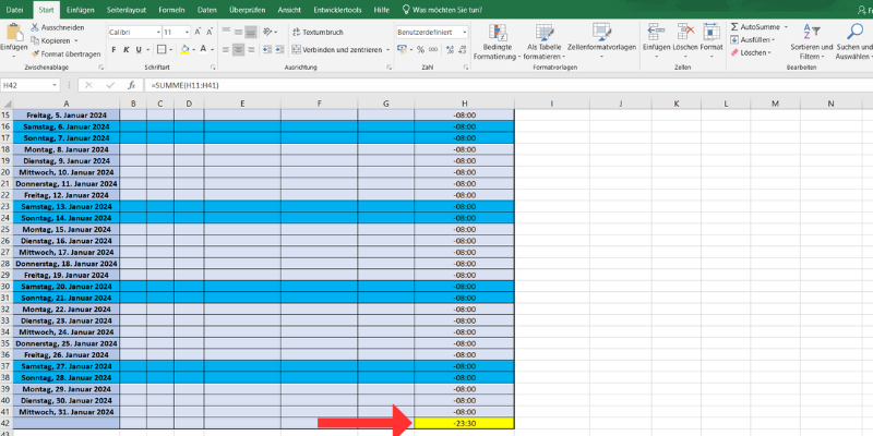 Grafik: Zeiterfassung Excel-Vorlage Über- und Minusstunden