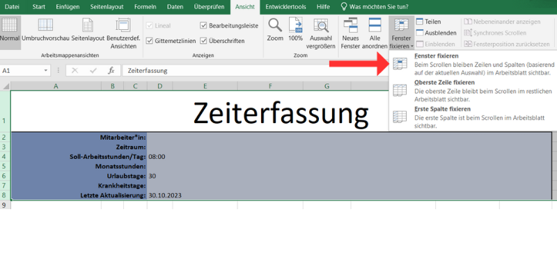 Grafik: Zeiterfassung Excel-Vorlage Fenster fixieren