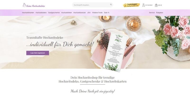 Screenshot: Online-Shop zum Thema Hochzeitsdeko (Startseite)
