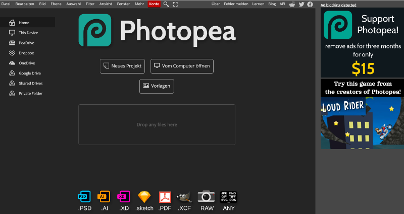 Screenshot der Benutzeroberfläche von Photopea.
