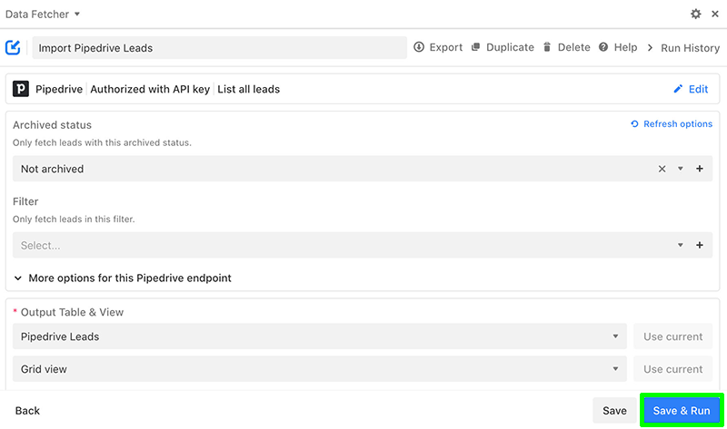 Select status, filter and choose output