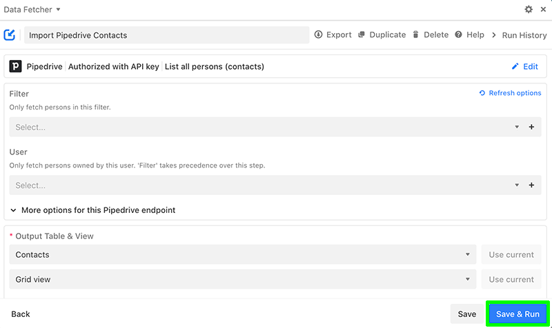 pipedrive filter user output