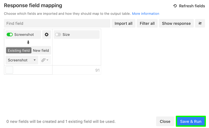 urlbox map fields to airtable to import screenshots