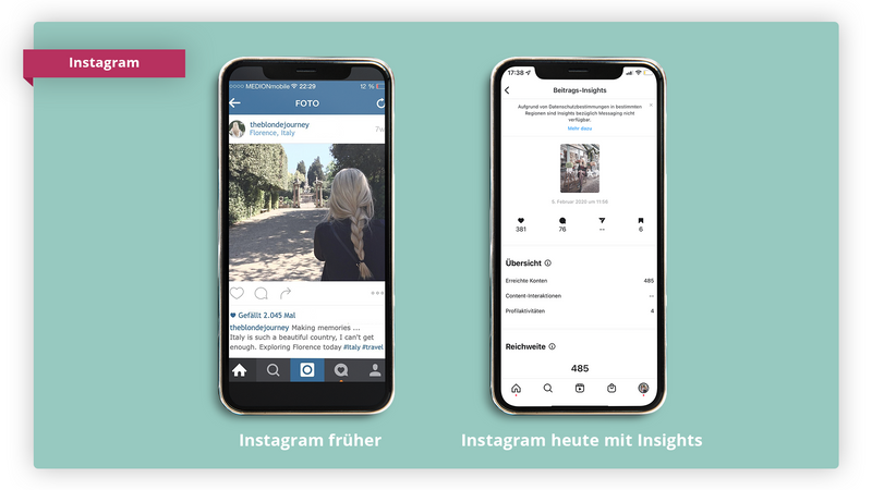 Instagram-Erfolgsmessung von früher und heute mit Screenshots im Vergleich