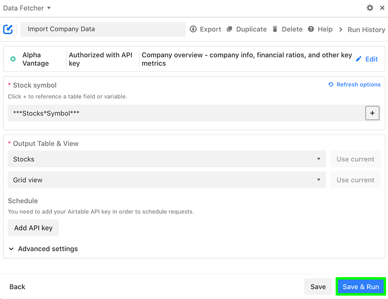 Import Company Revenue data from Alpha Vantage to Airtable