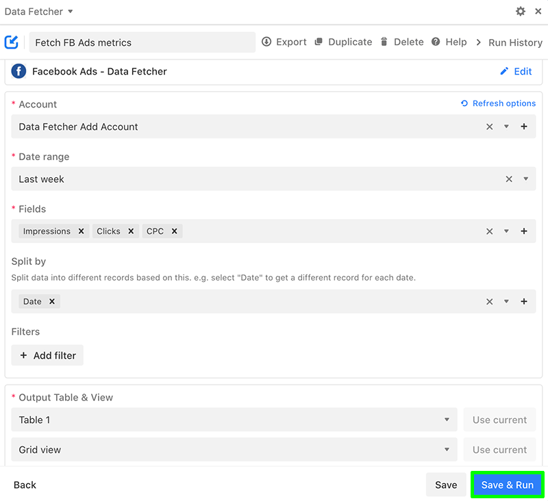 Facebook import settings to Airtable 