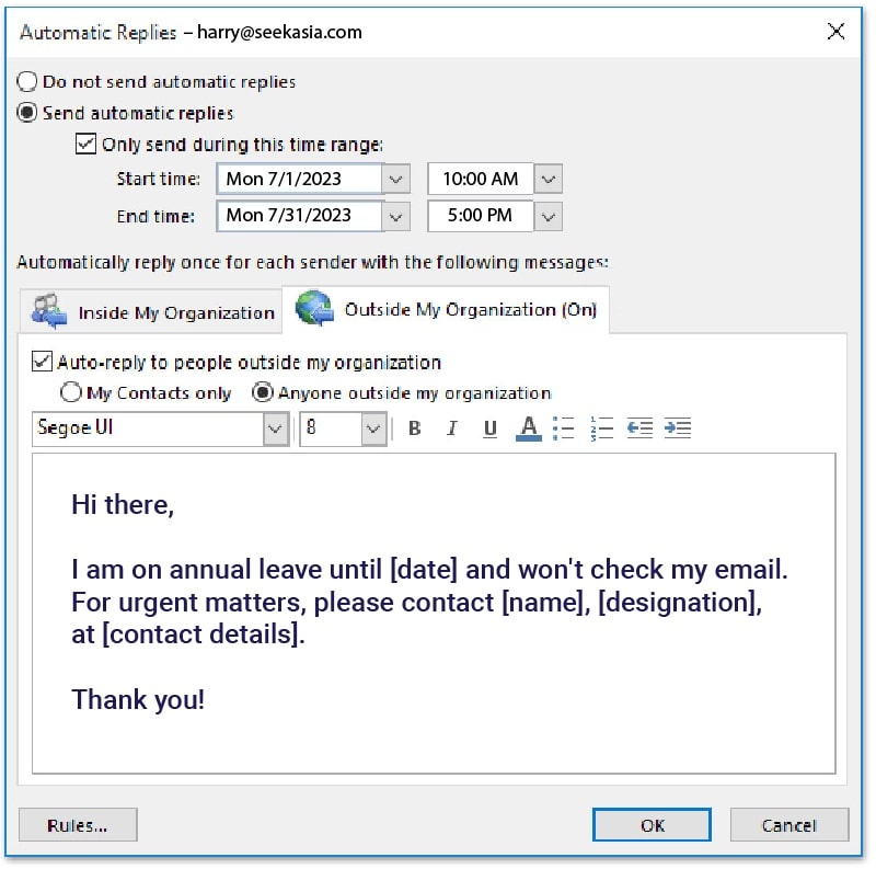 Example of out of office message 