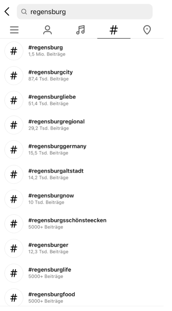 Lokale Hashtags- und Standort-Tags der Stadt Regensburg