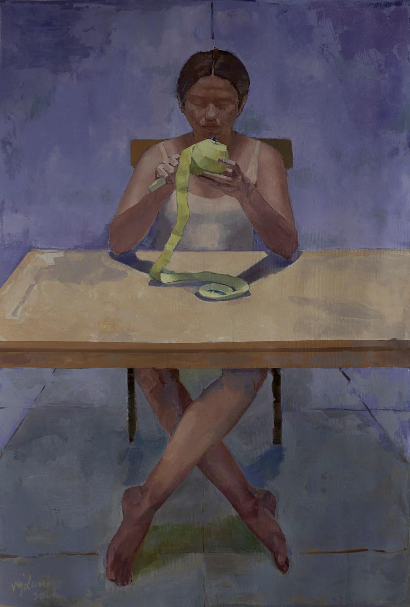 Gardener Called Gardener, from the triptych ‘Garden’, 2021, oil on canvas, 135 x 90 cm, Oil on Canvas, 2021. The triptych was exhibited at Mänttä Art Festival 2021 *To Err Is Human* curated by Anna Ruth. Photo: Aman Askarizad 