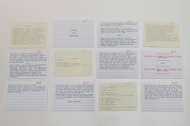 Installation view: Index Cards, is an experimental curatorial intervention to facilitate the transmission of knowledge.
