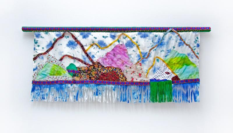 Memories from home, 2021, hand-dyed silk & cotton, found cloth, ribbon, fringe, wood bar, 19 x 48 in