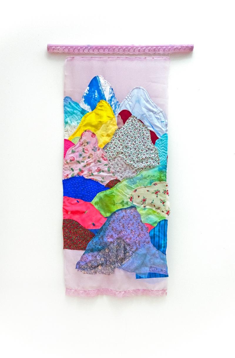 Far away, hand-dyed cotton cloth, 2022, found cloth, ribbon, wood bar, 51 x 30 in